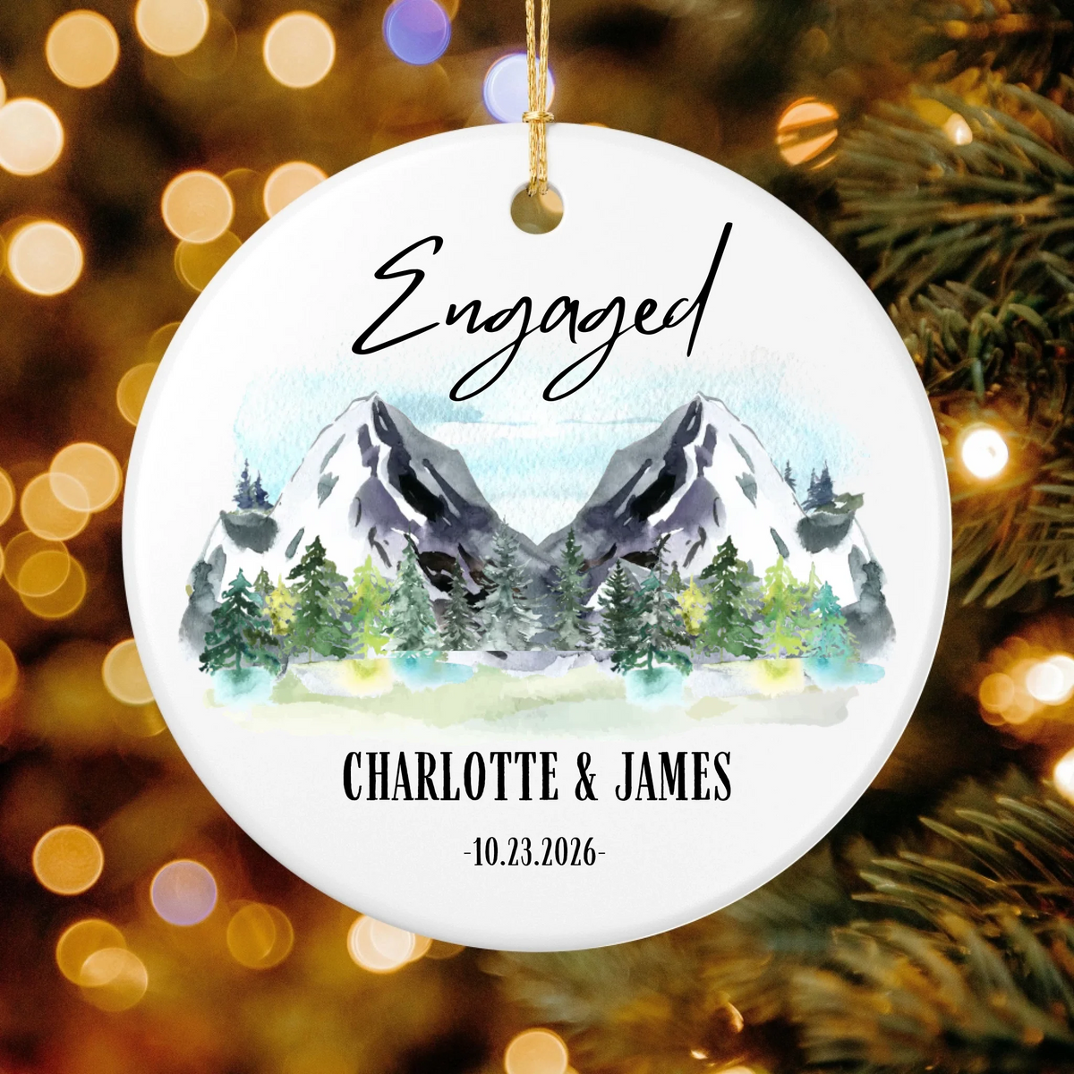 Personalized Engagement Christmas Ornament | Ceramic Circle Ornament Design 2 | The Crafted Gift