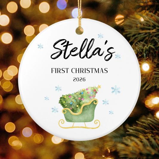 Personalized Baby's First Christmas Ornament | Ceramic Circle Ornament Design 1 | The Crafted Gift