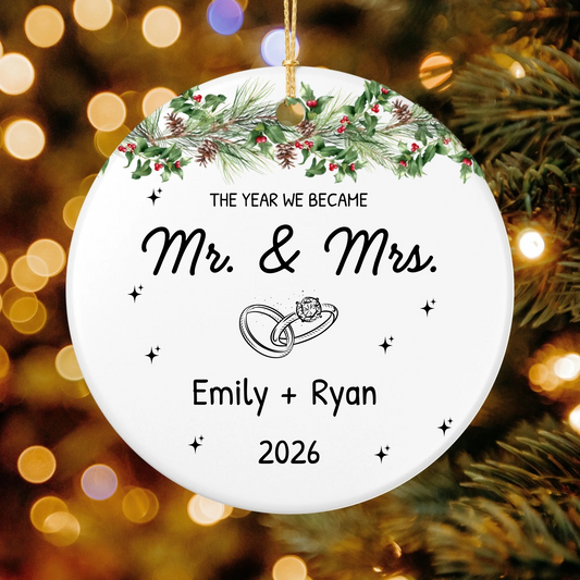Personalized The Year We Became Mr. and Mrs. Christmas Ornament | Ceramic Circle Ornament | The Crafted Gift