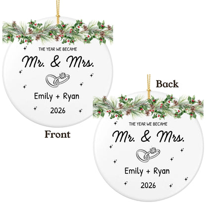 Personalized The Year We Became Mr. and Mrs. Christmas Ornament | Ceramic Circle Ornament | The Crafted Gift