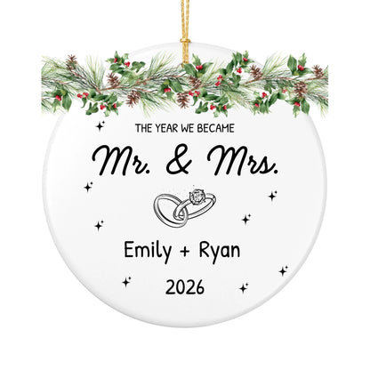 Personalized The Year We Became Mr. and Mrs. Christmas Ornament | Ceramic Circle Ornament | The Crafted Gift