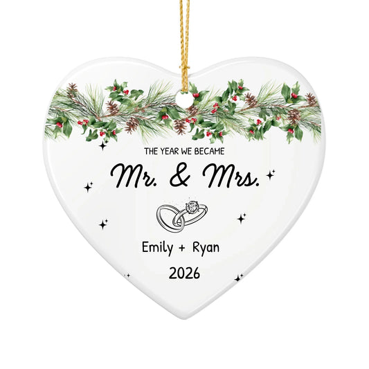 Personalized The Year We Became Mr. and Mrs. Christmas Ornament | Ceramic Heart Ornament Design 2 | The Crafted Gift