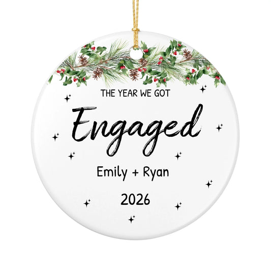 Personalized Engagement Christmas Ornament | Ceramic Circle Ornament Design 3 | The Crafted Gift
