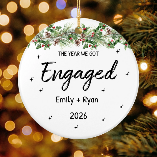 Personalized Engagement Christmas Ornament | Ceramic Circle Ornament Design 3 | The Crafted Gift